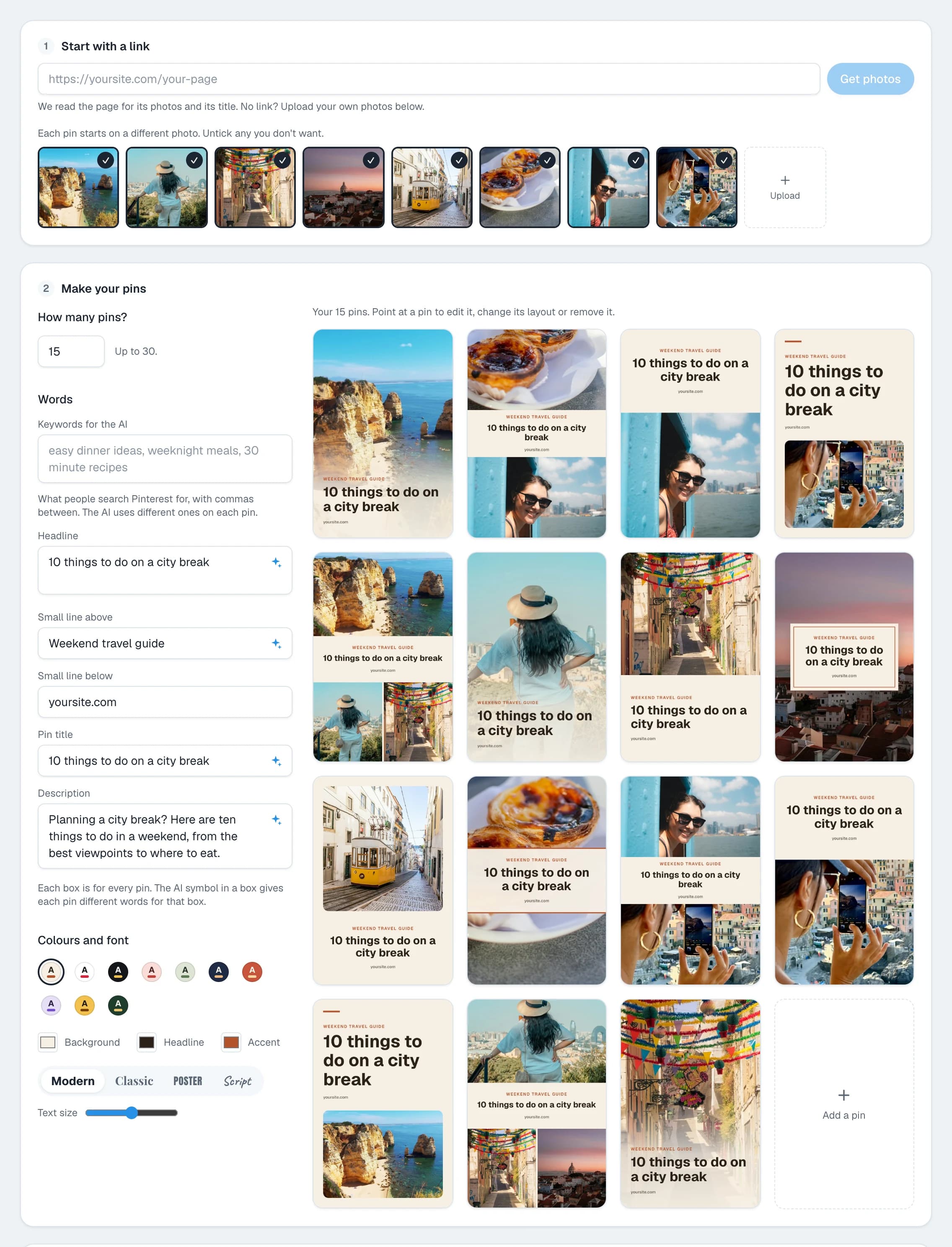 The Bulk pins page in Posttyy with 15 pins made from one set of photos. Each pin has a different photo and layout and the headline “10 things to do on a city break”.