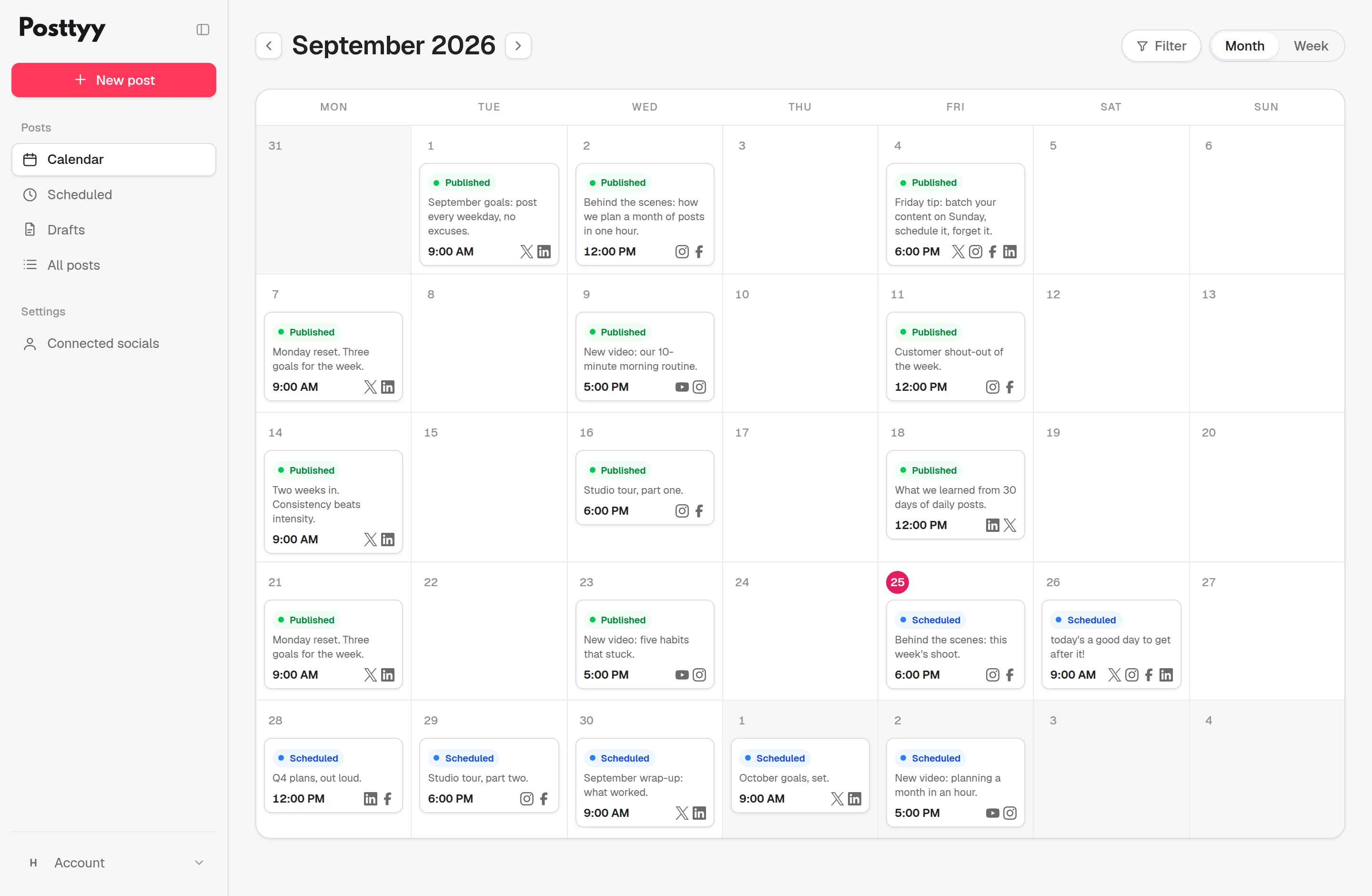 The Posttyy content calendar for September 2026, with published and scheduled posts to X, Instagram, Facebook, LinkedIn and YouTube, and the sidebar with New post, Calendar, Scheduled, Drafts and Connected socials.