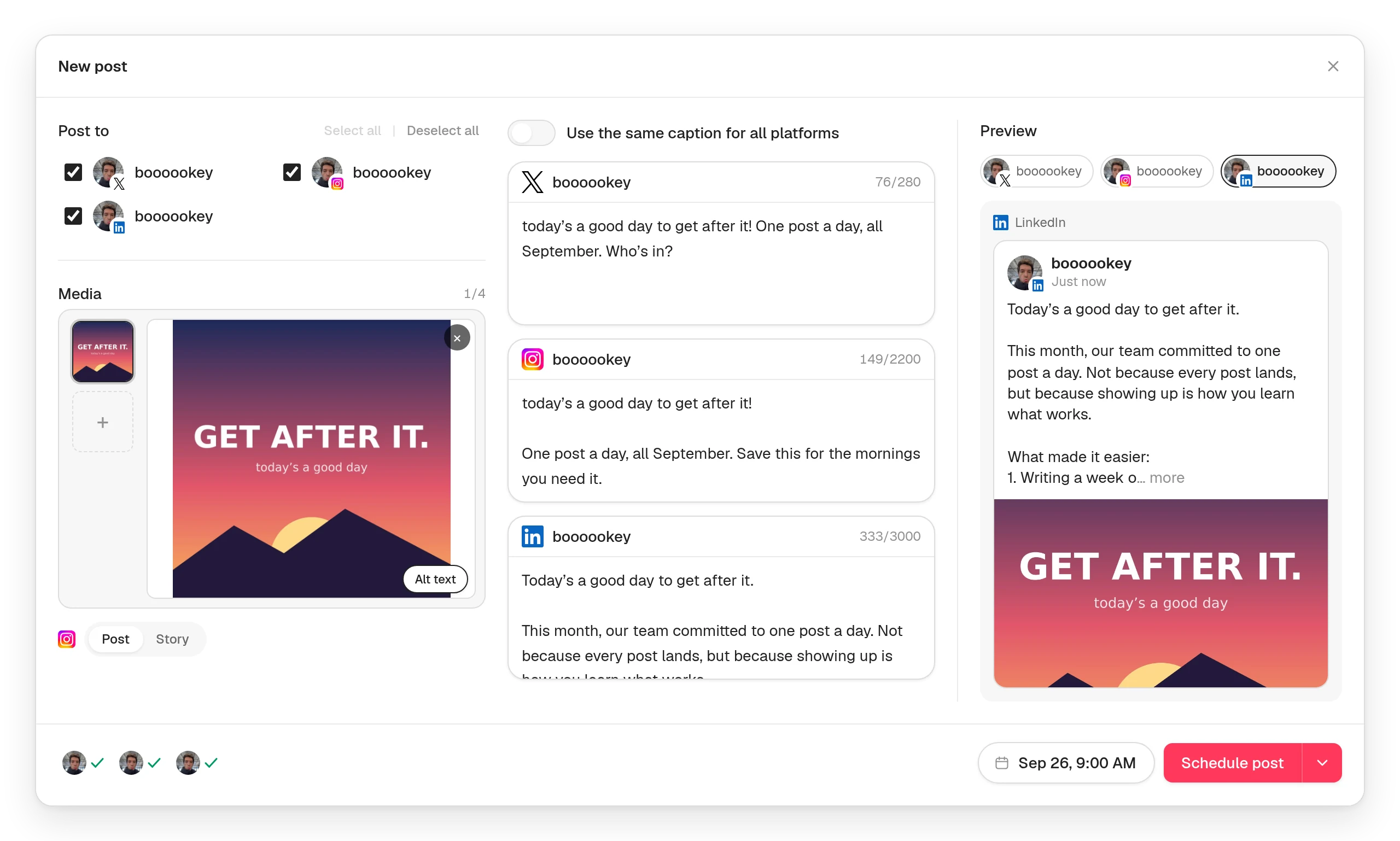 The Posttyy composer with separate captions for X, Instagram and LinkedIn on one post, and a preview of the LinkedIn version.