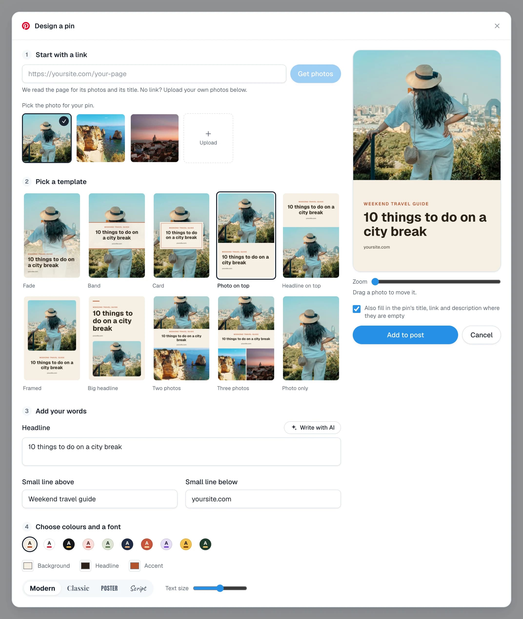 The “Design a pin” window in Posttyy. Three photos are loaded, the template “Photo on top” is picked, and the headline is “10 things to do on a city break”. A large preview of the pin is on the right, above the “Add to post” button.